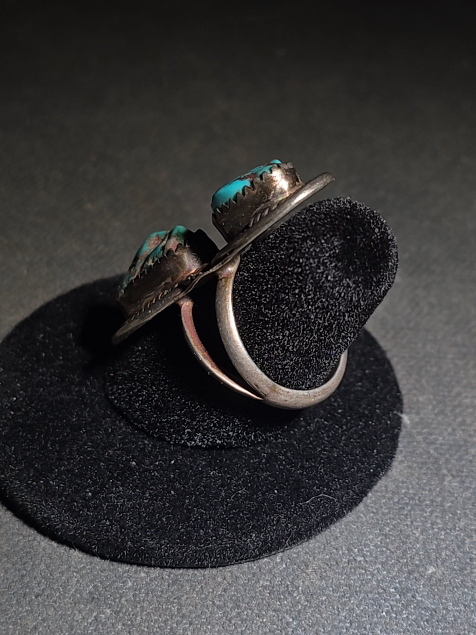 Vintage Old Pawn Native American Sterling Silver and Turquoise Two-Stone Ring with Sawtooth Bezels and Rope Wire Accents