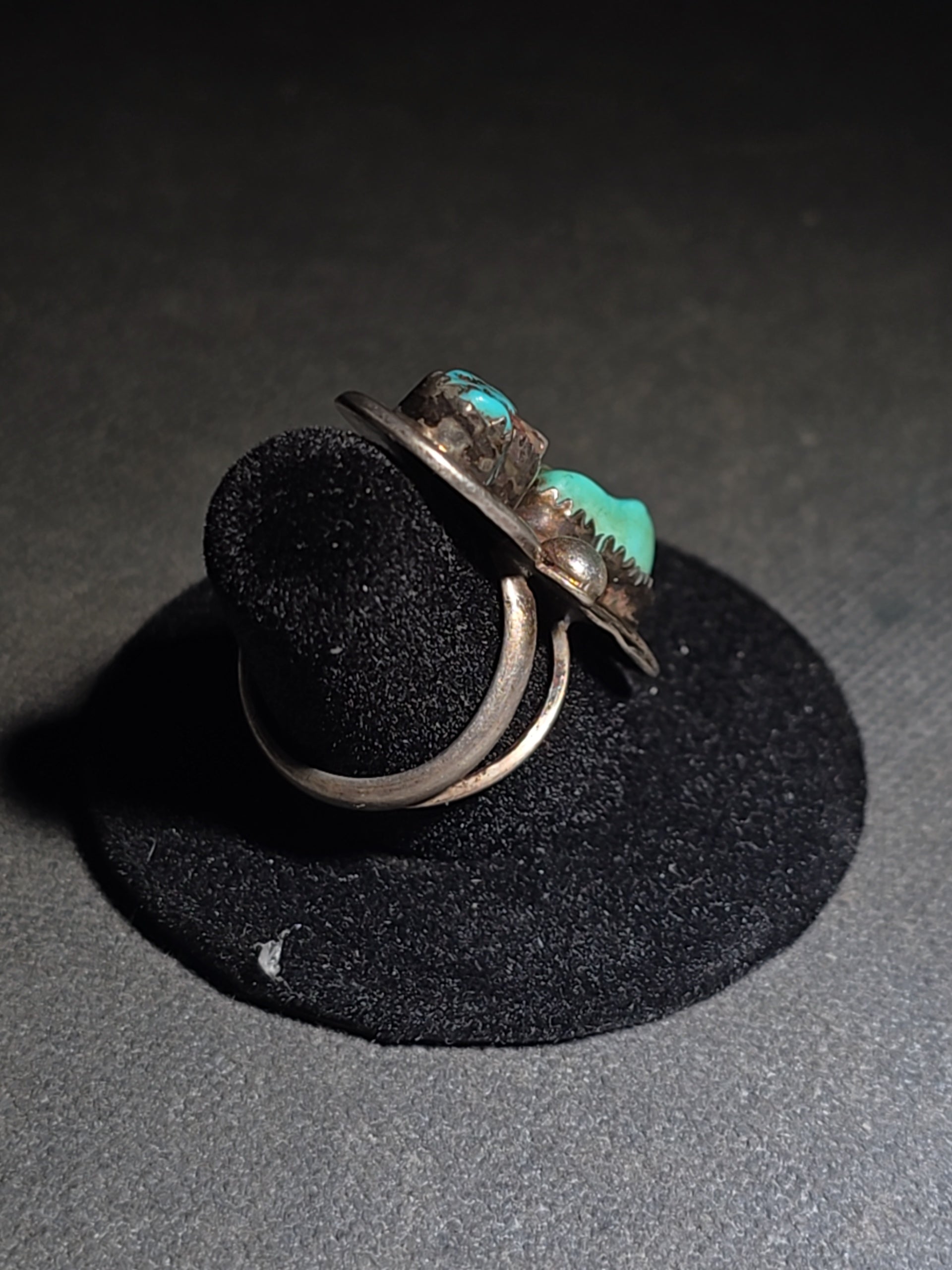 Vintage Old Pawn Native American Sterling Silver and Turquoise Two-Stone Ring with Sawtooth Bezels and Rope Wire Accents