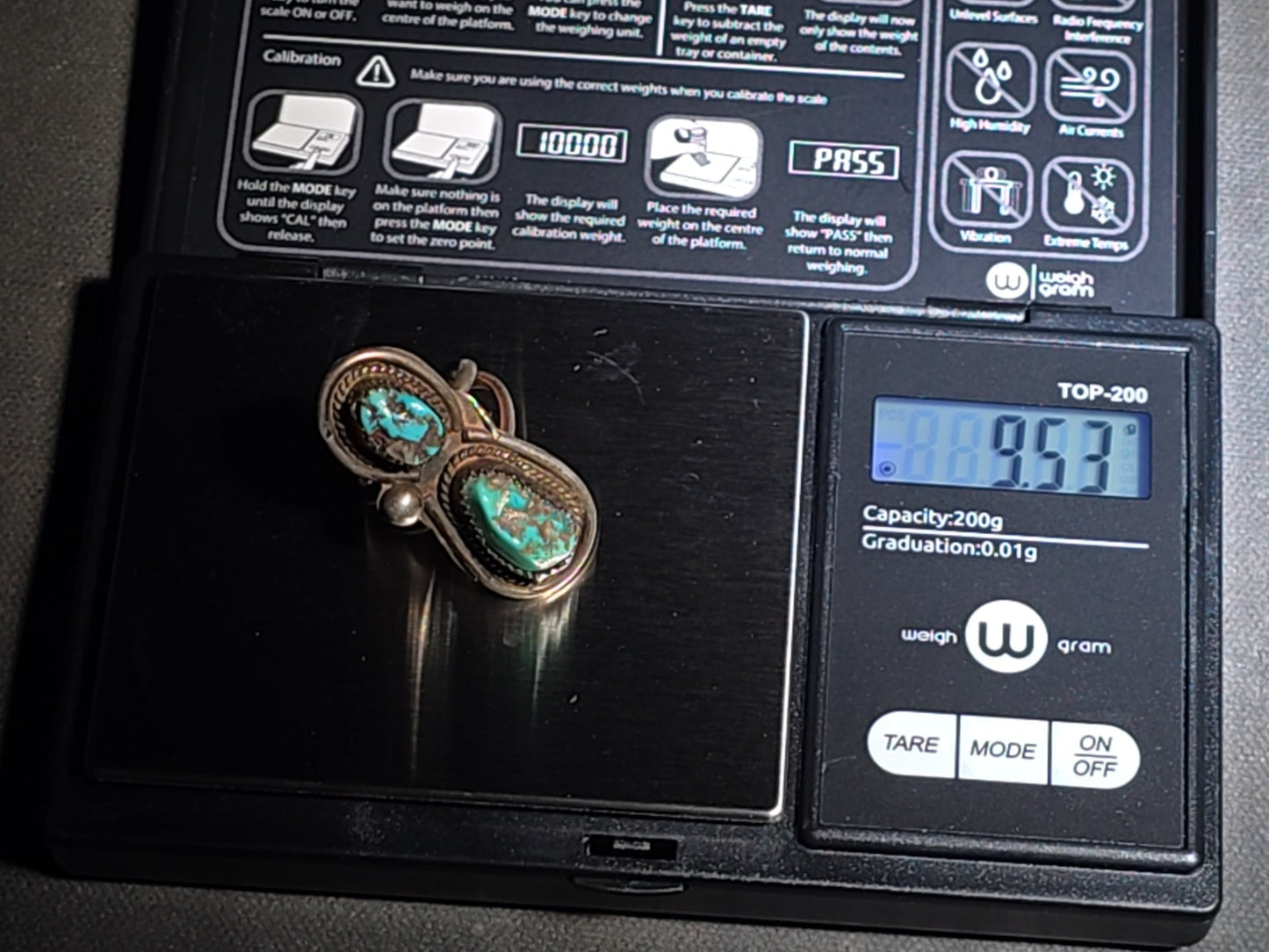 Vintage Old Pawn Native American Sterling Silver and Turquoise Two-Stone Ring with Sawtooth Bezels and Rope Wire Accents