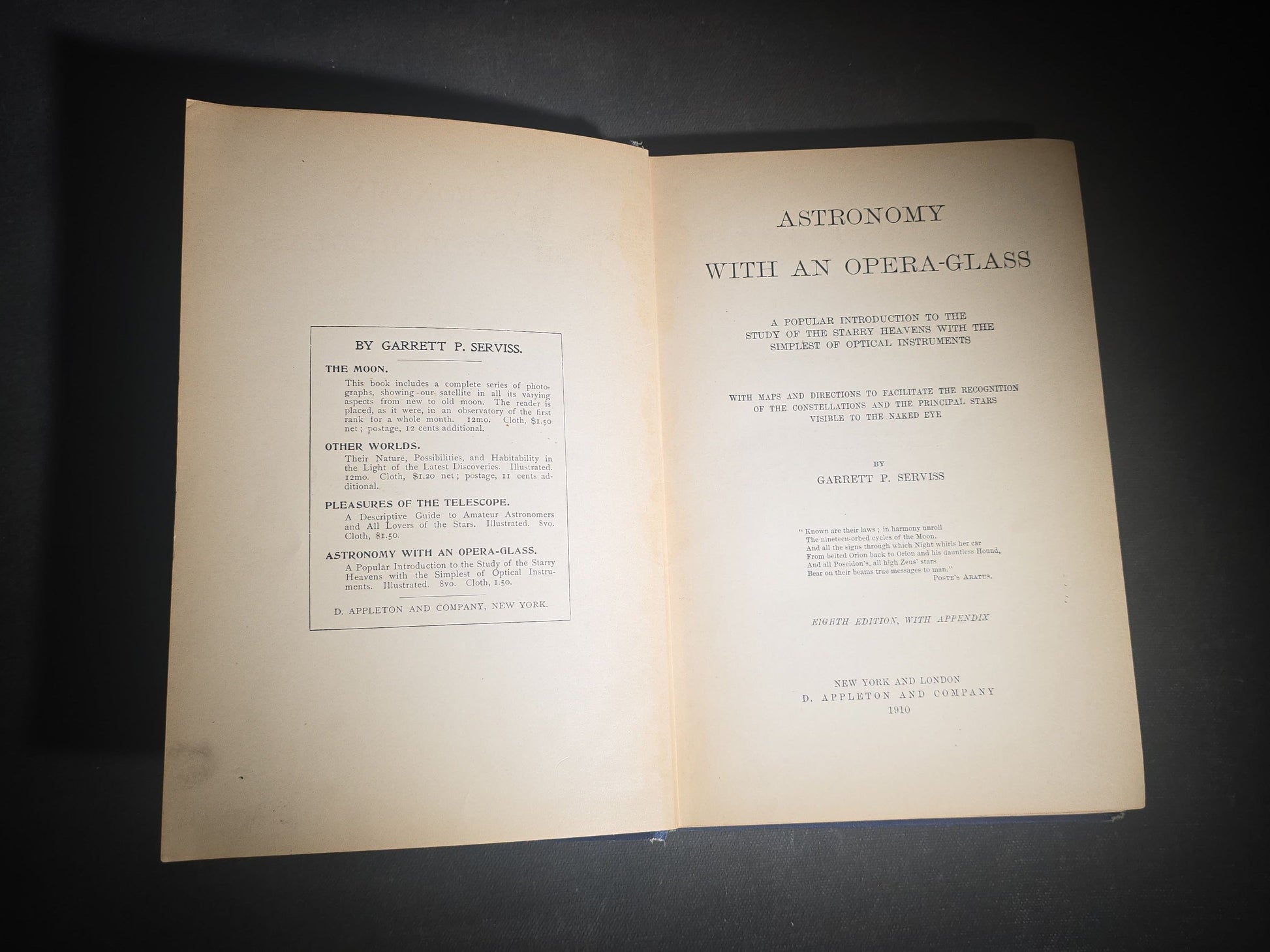 "Astronomy with an Opera-Glass" Antique Astronomy Book by Garrett P. Serviss, Eighth Edition with Appendix, Published by D. Appleton and Company, New York, 1910