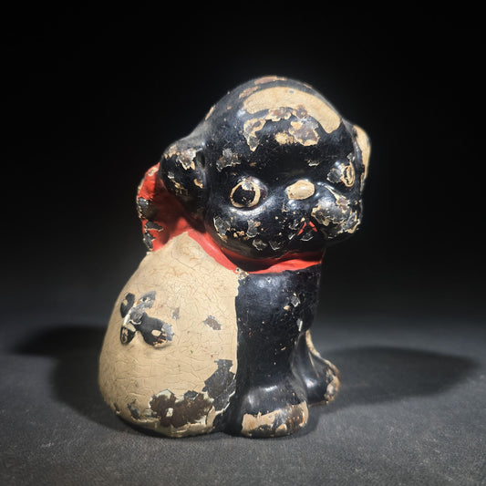 Vintage Hubley "Puppo" Painted Cast Iron Figural Puppy Still Bank with Red Bow