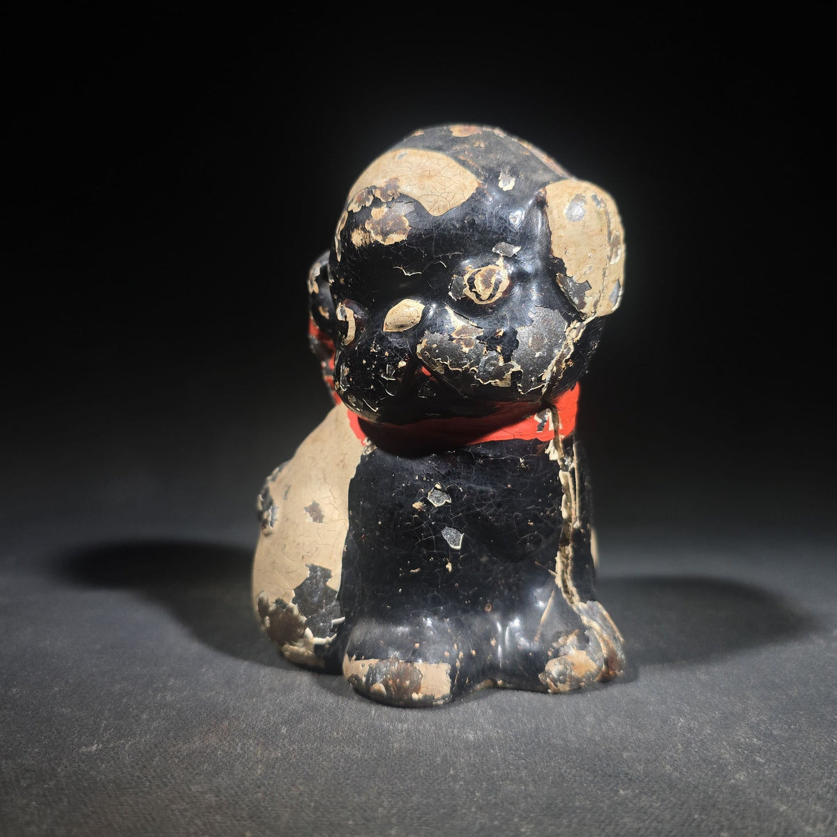 Vintage Hubley "Puppo" Painted Cast Iron Figural Puppy Still Bank with Red Bow