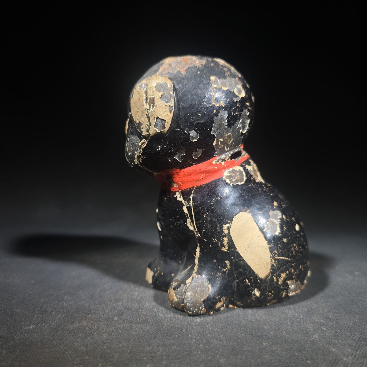 Vintage Hubley "Puppo" Painted Cast Iron Figural Puppy Still Bank with Red Bow