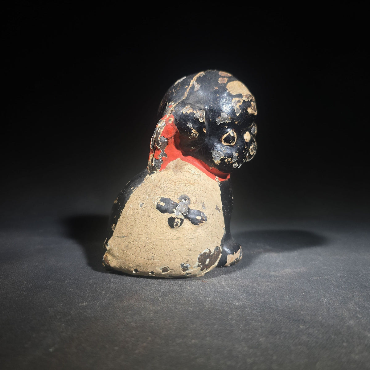 Vintage Hubley "Puppo" Painted Cast Iron Figural Puppy Still Bank with Red Bow