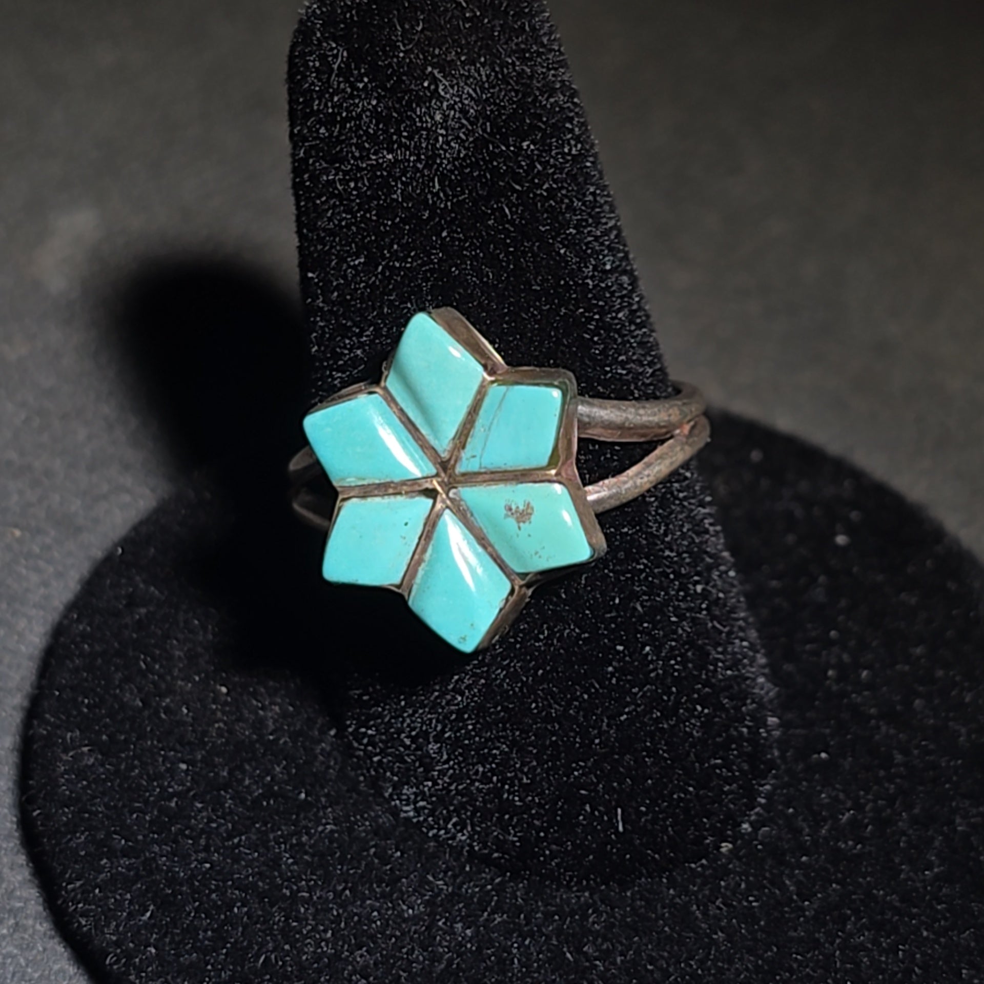 Trio of Vintage Southwestern Sterling Silver and Turquoise Rings Including Turquoise Inlay Star and Two Heart Cabochon Rings