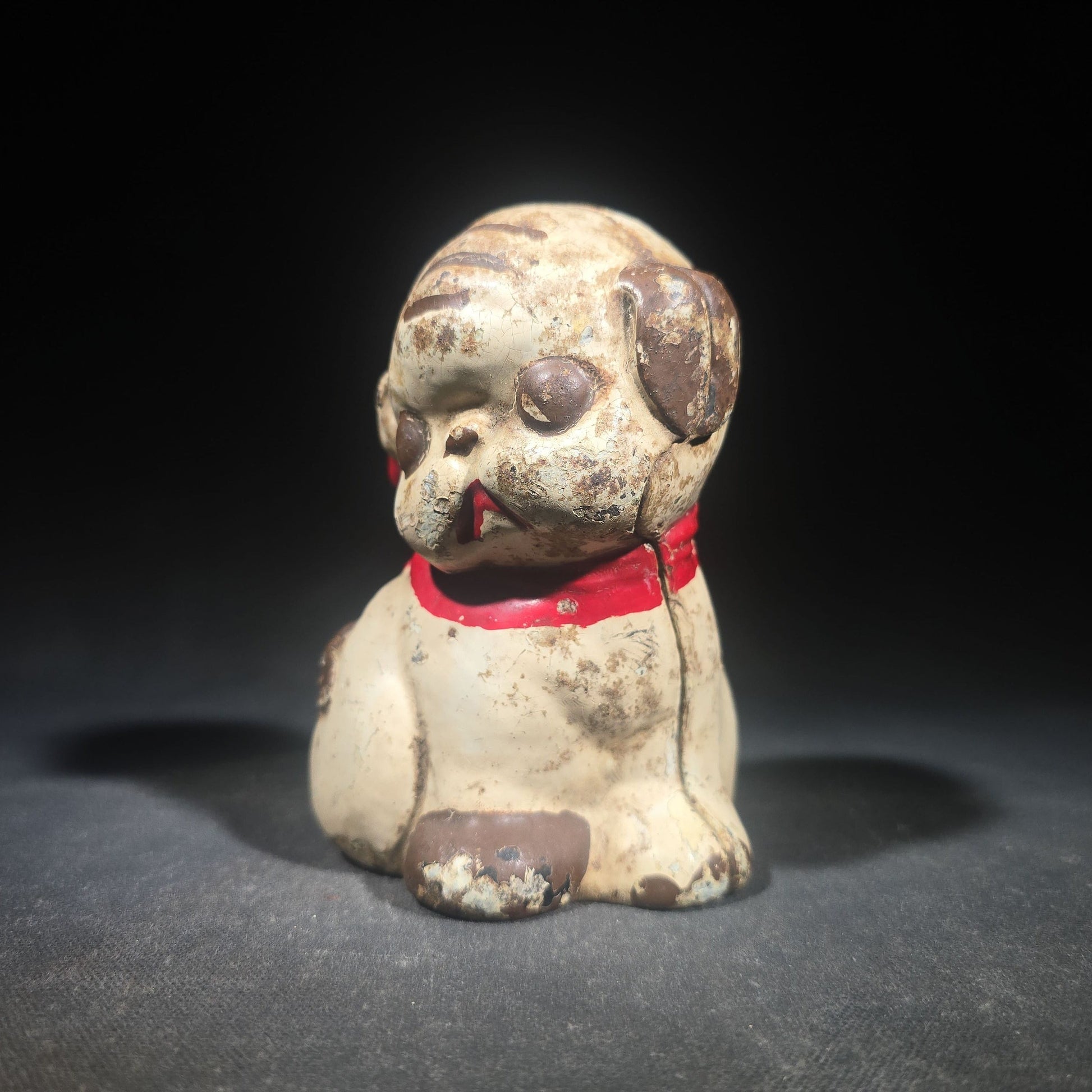 Vintage Hubley "Puppo" Painted Cast Iron Figural Puppy Still Bank with Red Bow and Bee Motif