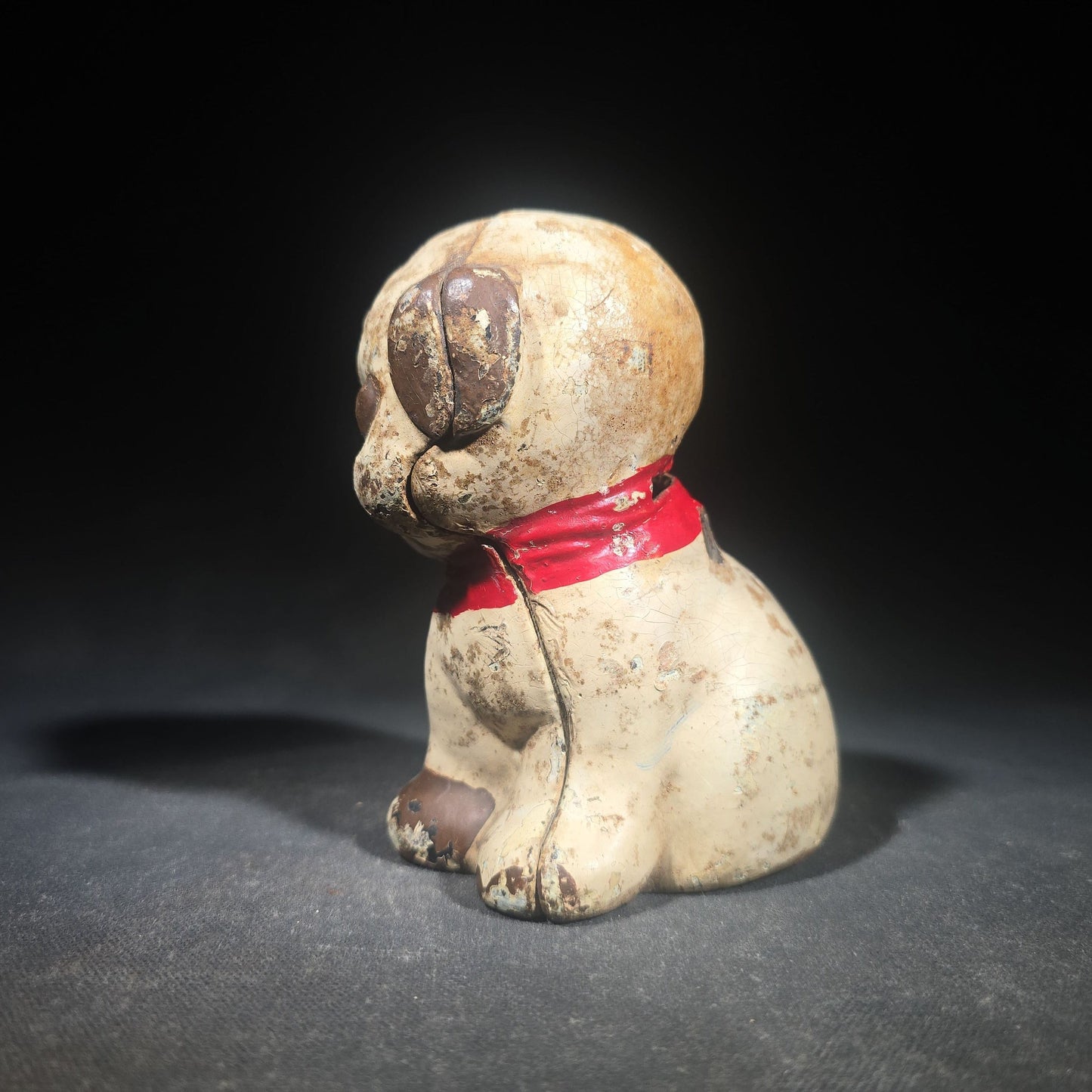 Vintage Hubley "Puppo" Painted Cast Iron Figural Puppy Still Bank with Red Bow and Bee Motif