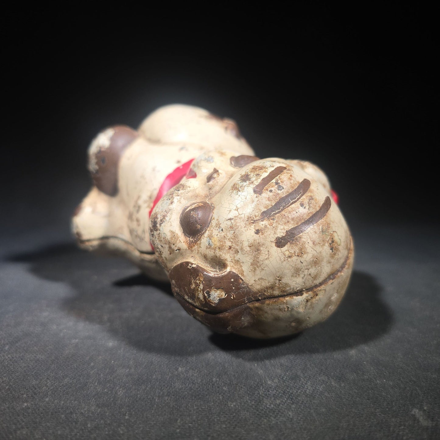 Vintage Hubley "Puppo" Painted Cast Iron Figural Puppy Still Bank with Red Bow and Bee Motif