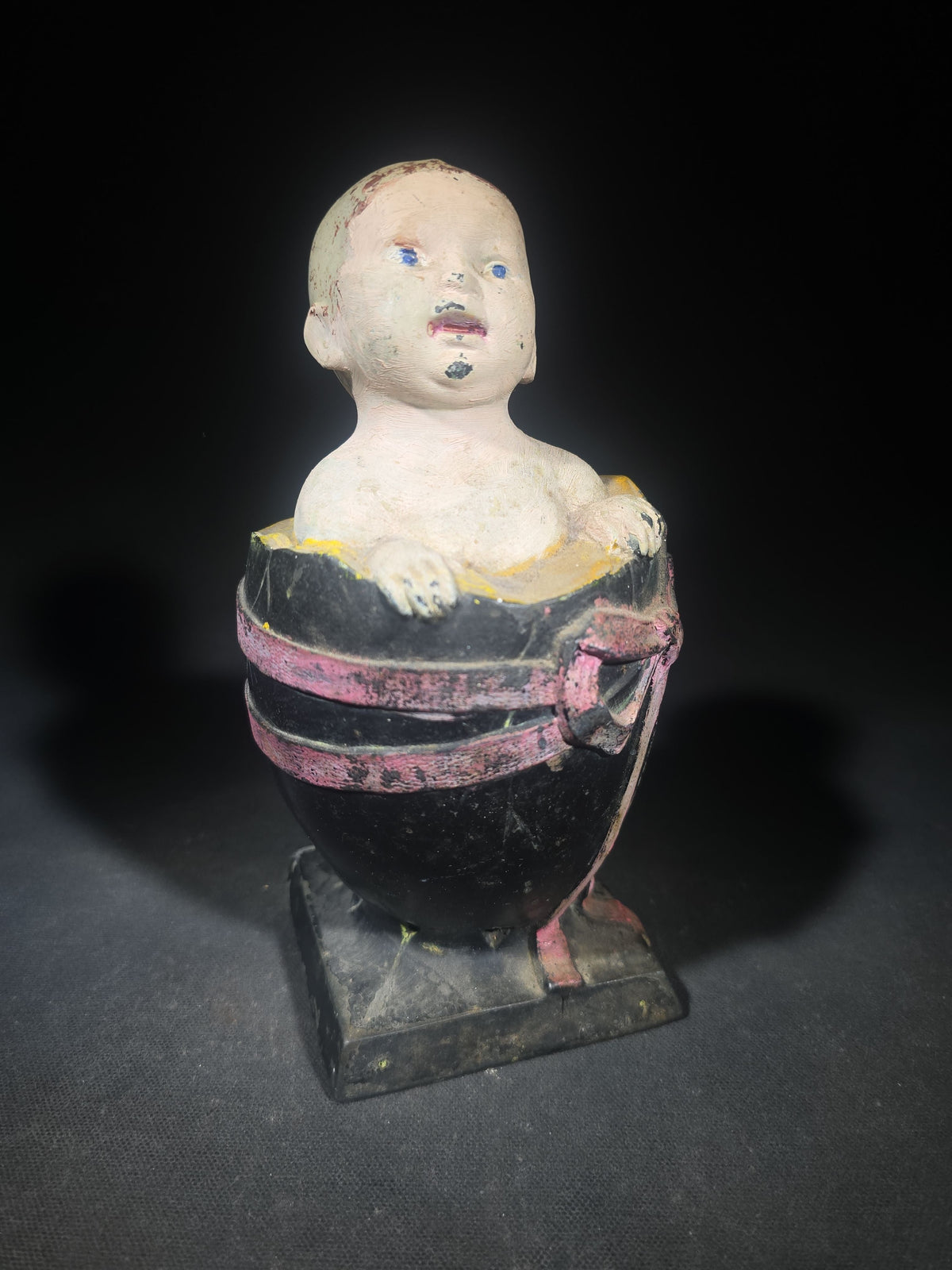 Antique Painted Cast Iron Baby in Egg Figural Still Bank, Patented 1924 by L.V. Aronson, Later Paint, Missing Bottom Door