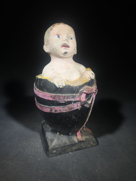 Antique Painted Cast Iron Baby in Egg Figural Still Bank, Patented 1924 by L.V. Aronson, Later Paint, Missing Bottom Door