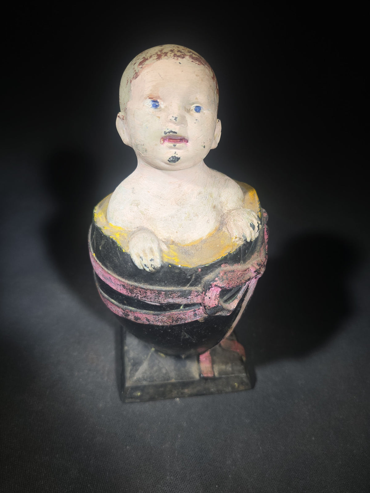 Antique Painted Cast Iron Baby in Egg Figural Still Bank, Patented 1924 by L.V. Aronson, Later Paint, Missing Bottom Door