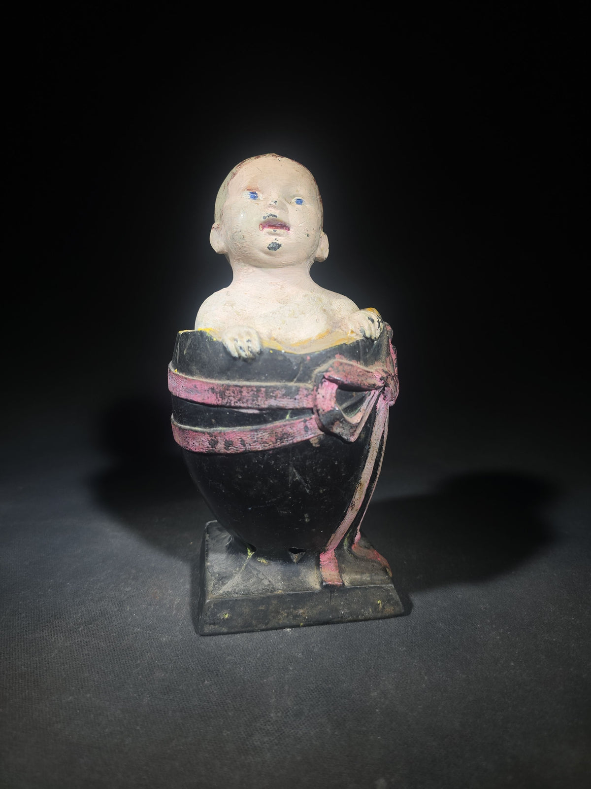 Antique Painted Cast Iron Baby in Egg Figural Still Bank, Patented 1924 by L.V. Aronson, Later Paint, Missing Bottom Door