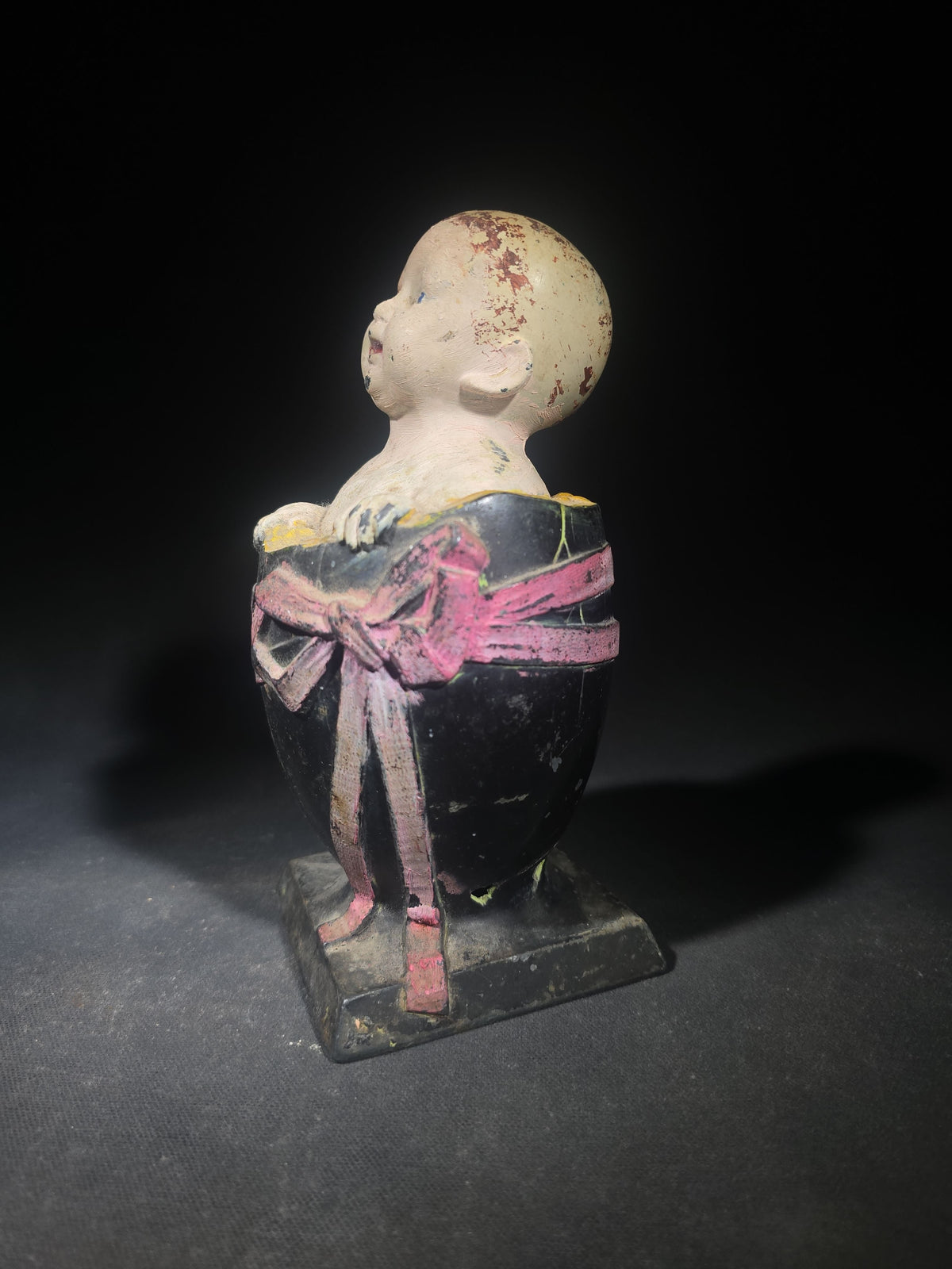 Antique Painted Cast Iron Baby in Egg Figural Still Bank, Patented 1924 by L.V. Aronson, Later Paint, Missing Bottom Door