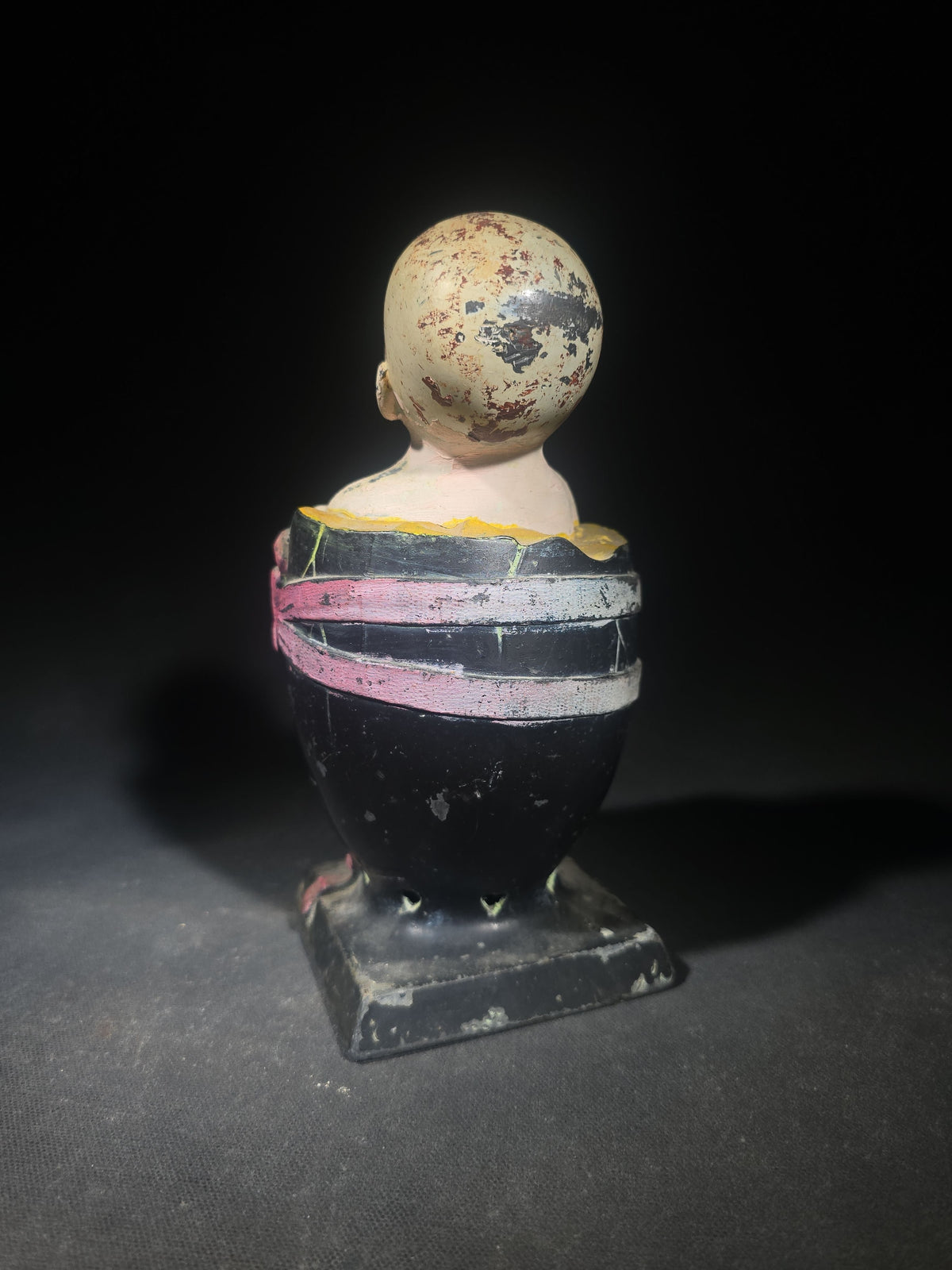 Antique Painted Cast Iron Baby in Egg Figural Still Bank, Patented 1924 by L.V. Aronson, Later Paint, Missing Bottom Door