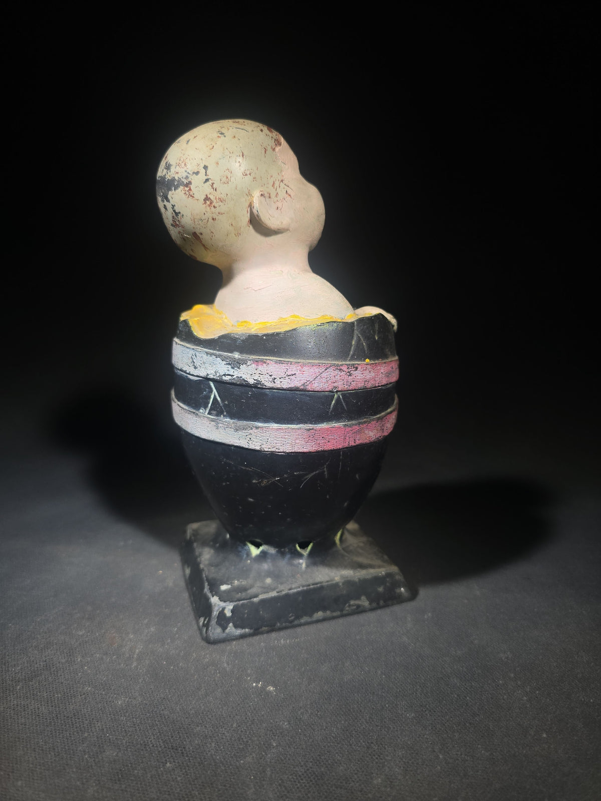 Antique Painted Cast Iron Baby in Egg Figural Still Bank, Patented 1924 by L.V. Aronson, Later Paint, Missing Bottom Door