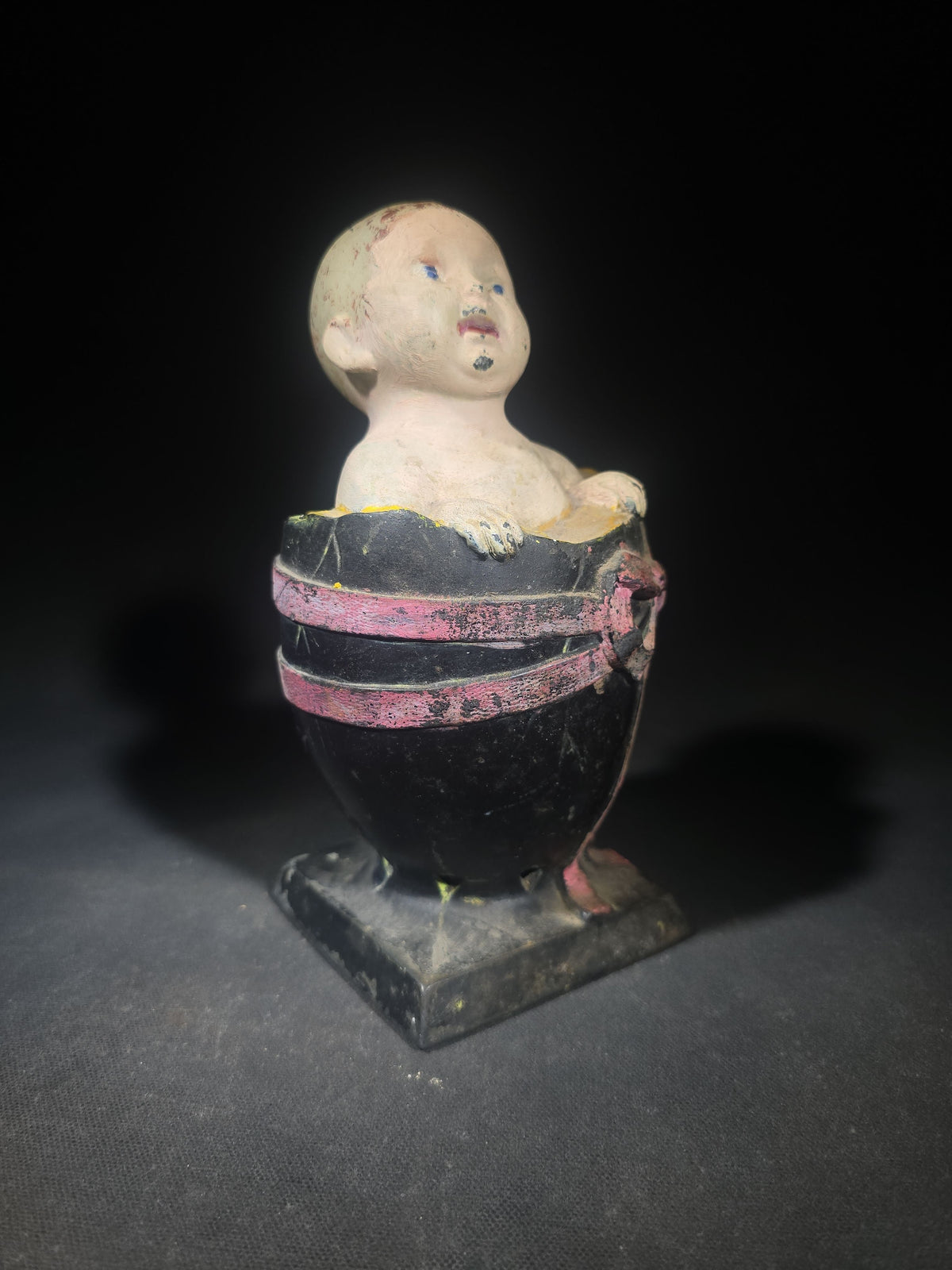 Antique Painted Cast Iron Baby in Egg Figural Still Bank, Patented 1924 by L.V. Aronson, Later Paint, Missing Bottom Door