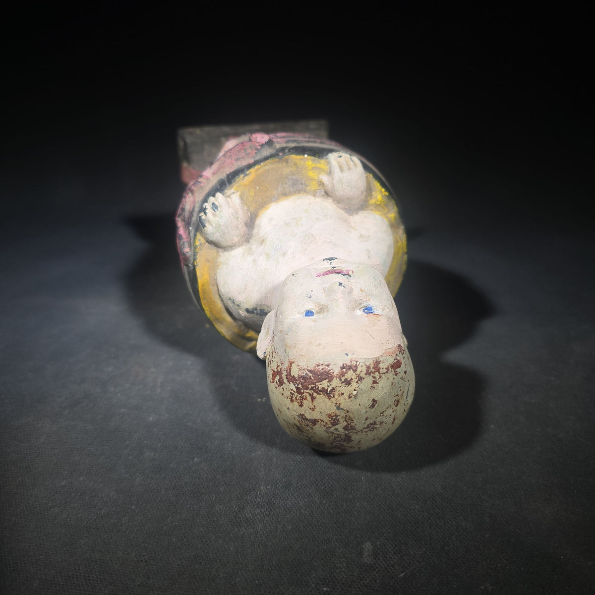 Antique Painted Cast Iron Baby in Egg Figural Still Bank, Patented 1924 by L.V. Aronson, Later Paint, Missing Bottom Door