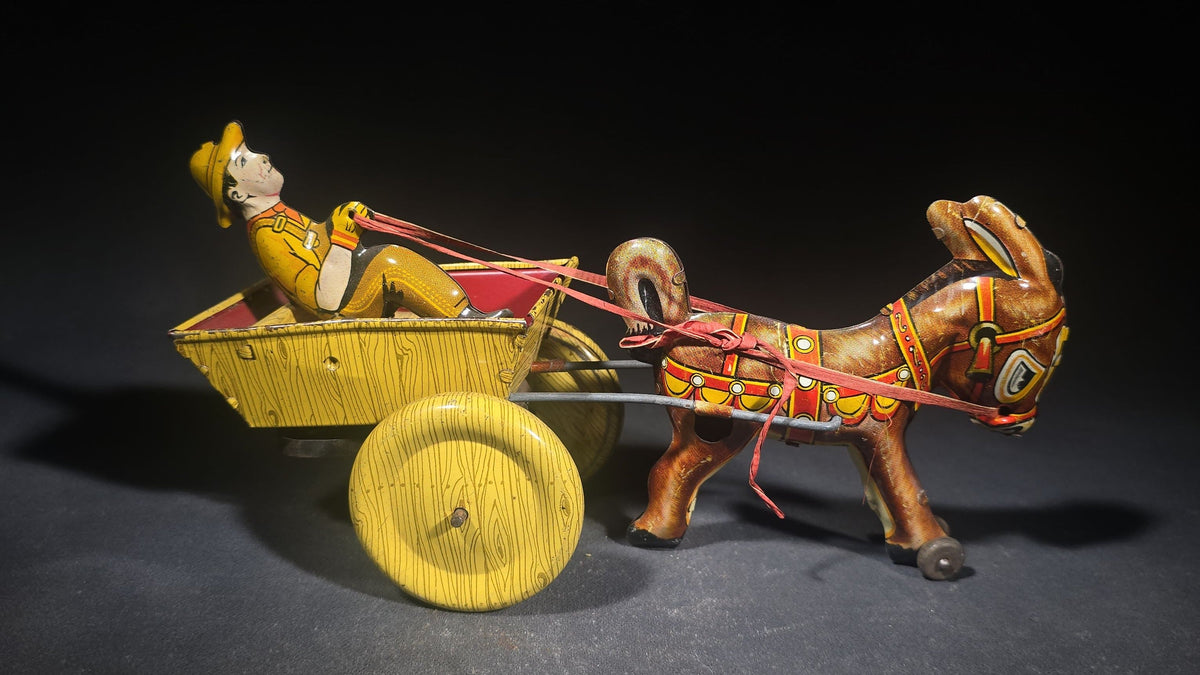 Vintage Marx Tin Lithograph Wind-Up Balky Mule and Cart Toy with Driver Figure, Manufactured by Louis Marx & Co.