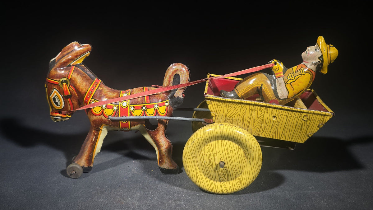 Vintage Marx Tin Lithograph Wind-Up Balky Mule and Cart Toy with Driver Figure, Manufactured by Louis Marx & Co.