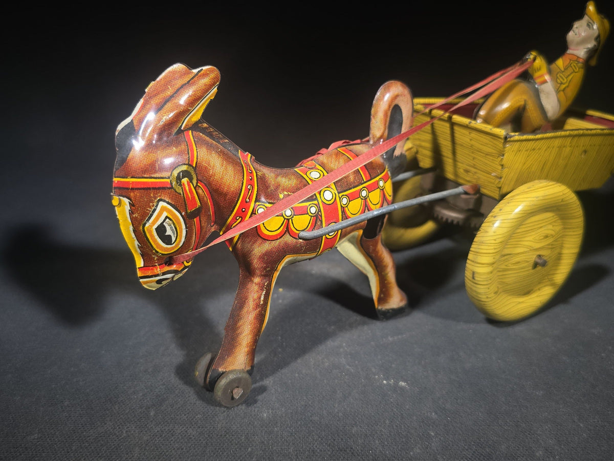 Vintage Marx Tin Lithograph Wind-Up Balky Mule and Cart Toy with Driver Figure, Manufactured by Louis Marx & Co.
