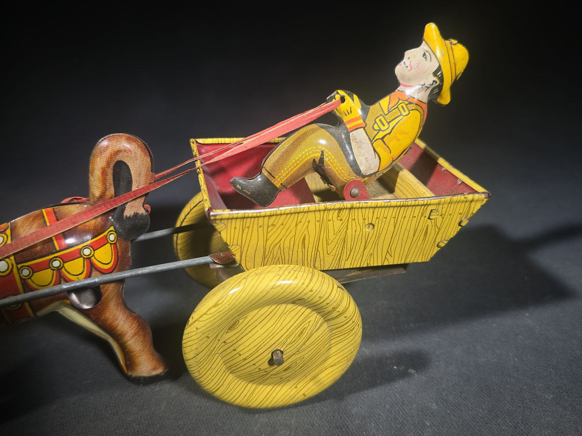 Vintage Marx Tin Lithograph Wind-Up Balky Mule and Cart Toy with Driver Figure, Manufactured by Louis Marx & Co.