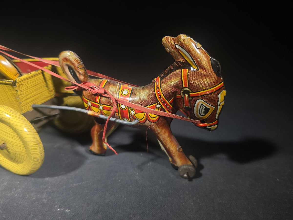 Vintage Marx Tin Lithograph Wind-Up Balky Mule and Cart Toy with Driver Figure, Manufactured by Louis Marx & Co.