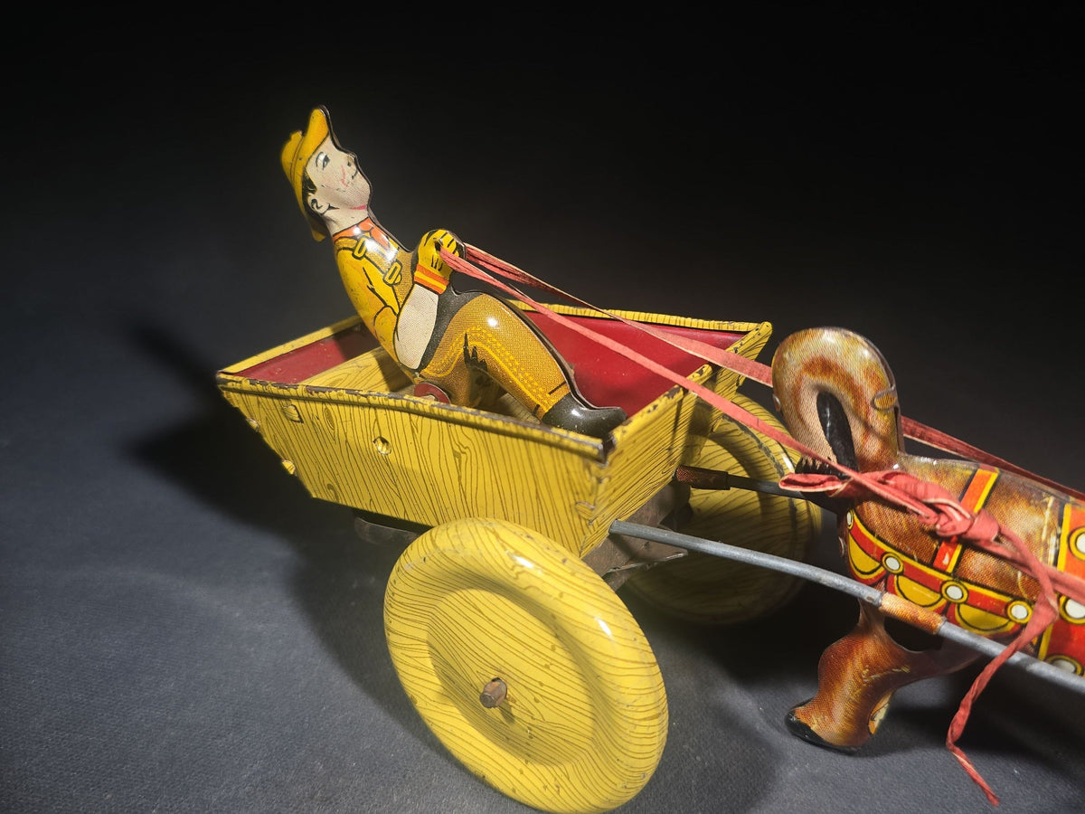 Vintage Marx Tin Lithograph Wind-Up Balky Mule and Cart Toy with Driver Figure, Manufactured by Louis Marx & Co.