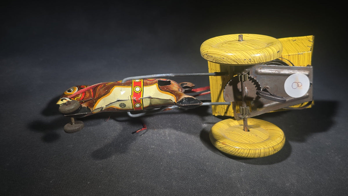 Vintage Marx Tin Lithograph Wind-Up Balky Mule and Cart Toy with Driver Figure, Manufactured by Louis Marx & Co.