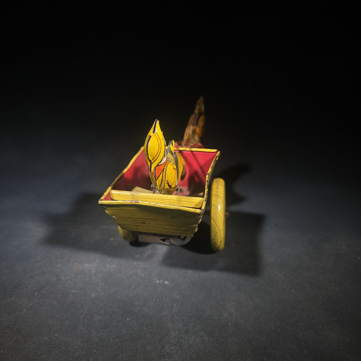 Vintage Marx Tin Lithograph Wind-Up Balky Mule and Cart Toy with Driver Figure, Manufactured by Louis Marx & Co.