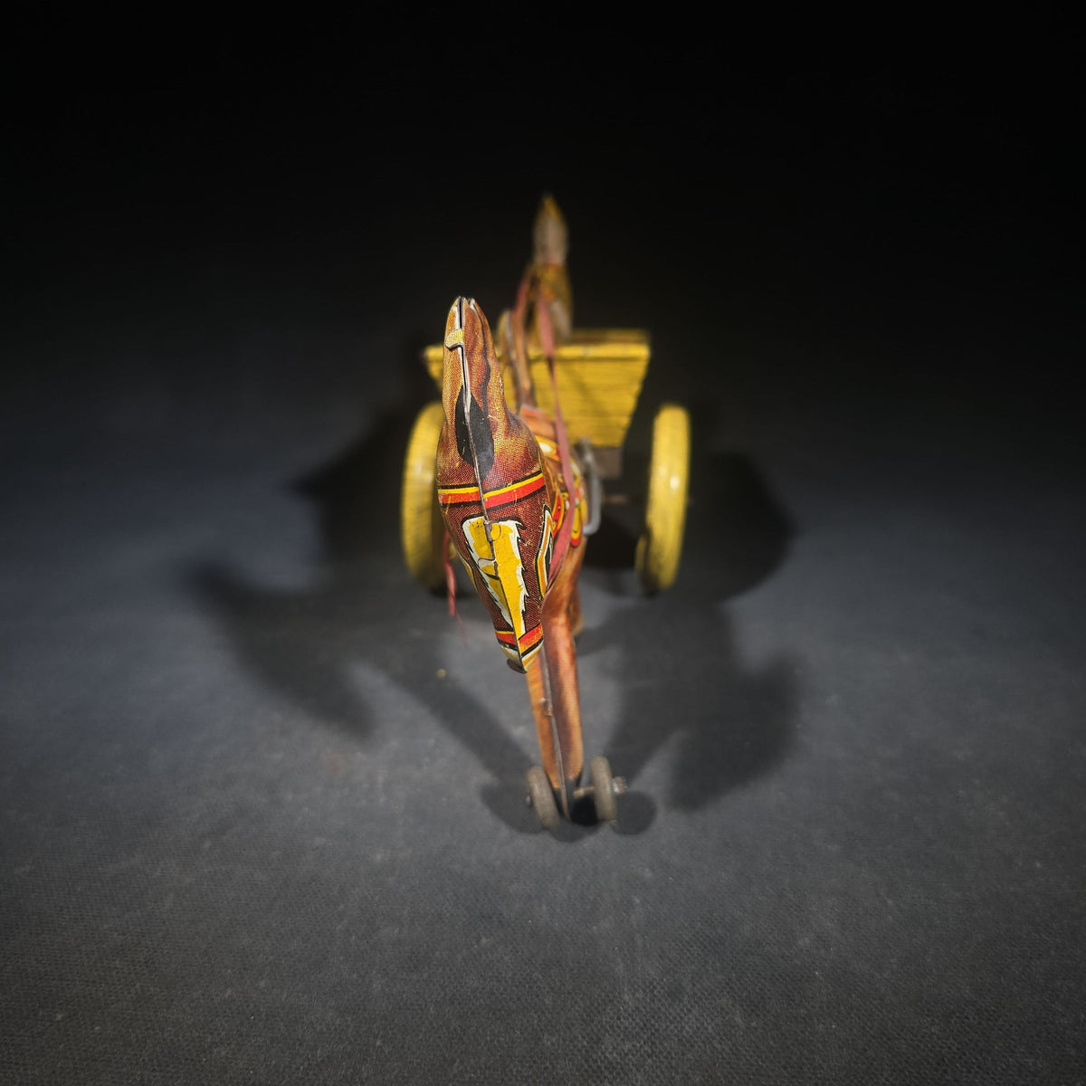 Vintage Marx Tin Lithograph Wind-Up Balky Mule and Cart Toy with Driver Figure, Manufactured by Louis Marx & Co.