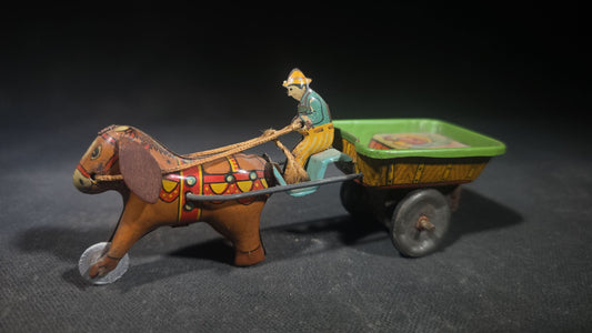 Vintage Tin Lithograph Wind-Up Horse and Cart Toy with Driver, Manufactured by Alps, Japan
