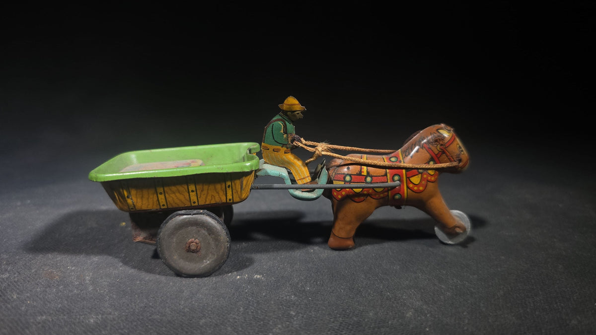 Vintage Tin Lithograph Wind-Up Horse and Cart Toy with Driver, Manufactured by Alps, Japan