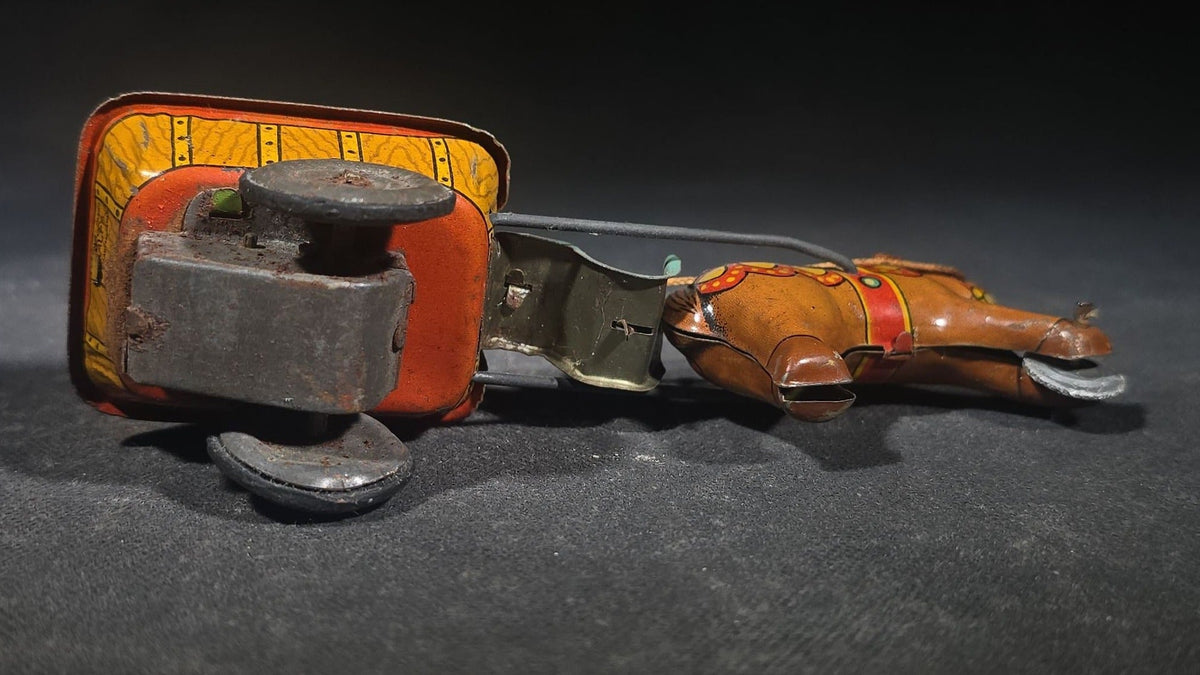 Vintage Tin Lithograph Wind-Up Horse and Cart Toy with Driver, Manufactured by Alps, Japan