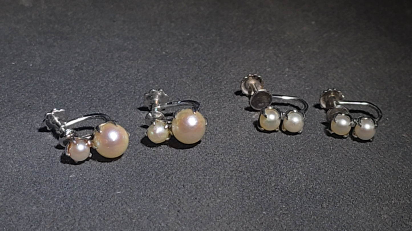 Pair of Vintage 14K Gold Double Pearl Screw-Back Earrings including One Pair with Larger Pearls and One Pair with Smaller Pearls