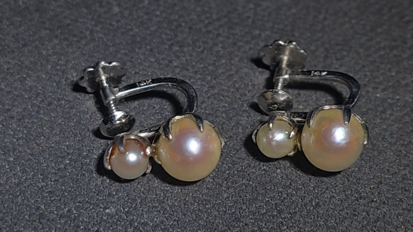 Pair of Vintage 14K Gold Double Pearl Screw-Back Earrings including One Pair with Larger Pearls and One Pair with Smaller Pearls