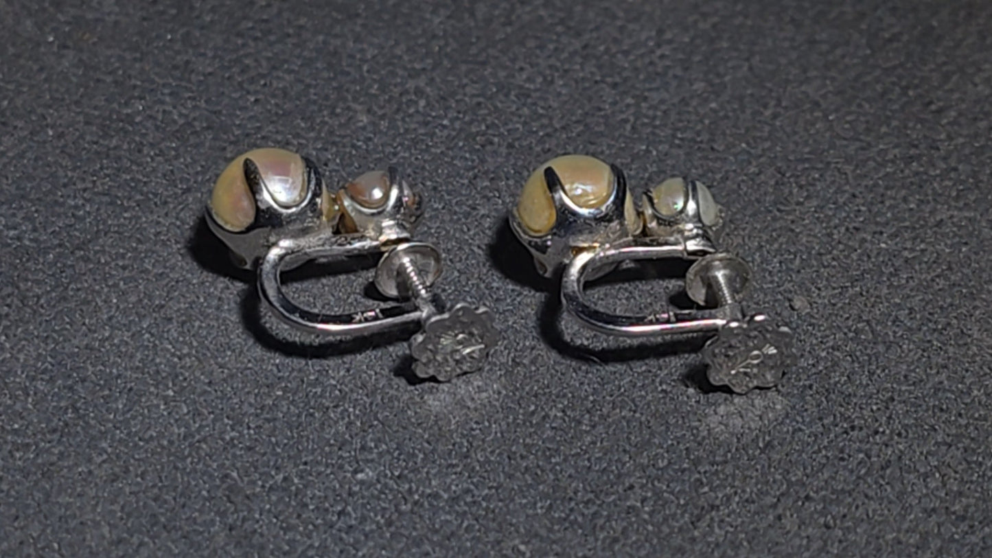 Pair of Vintage 14K Gold Double Pearl Screw-Back Earrings including One Pair with Larger Pearls and One Pair with Smaller Pearls