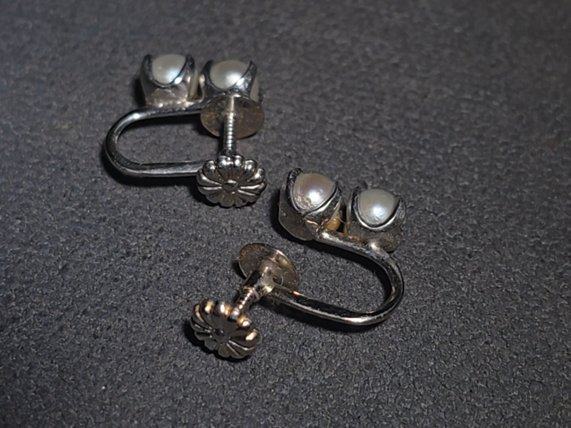 Pair of Vintage 14K Gold Double Pearl Screw-Back Earrings including One Pair with Larger Pearls and One Pair with Smaller Pearls