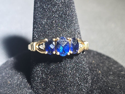 10K Gold Three-Stone Oval-Cut Sapphire and Diamond Ring
