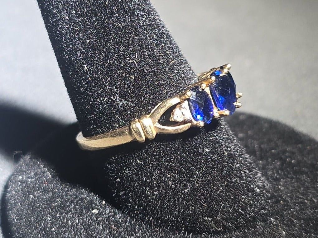 10K Gold Three-Stone Oval-Cut Sapphire and Diamond Ring