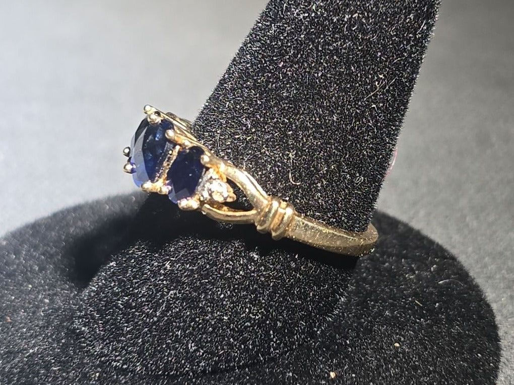 10K Gold Three-Stone Oval-Cut Sapphire and Diamond Ring