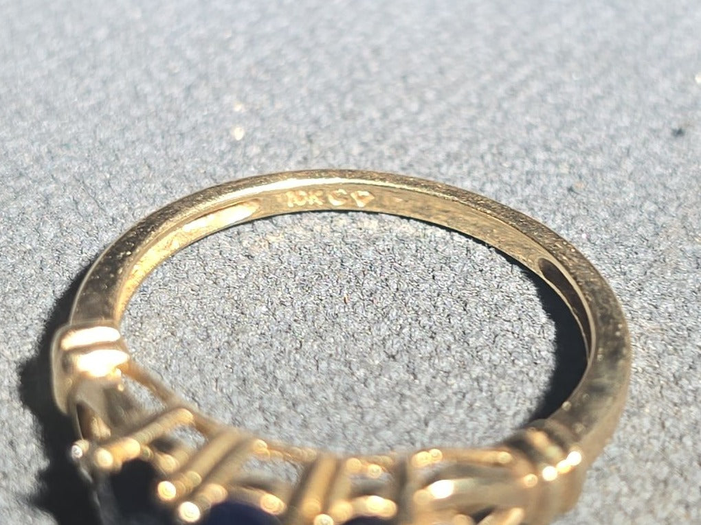10K Gold Three-Stone Oval-Cut Sapphire and Diamond Ring