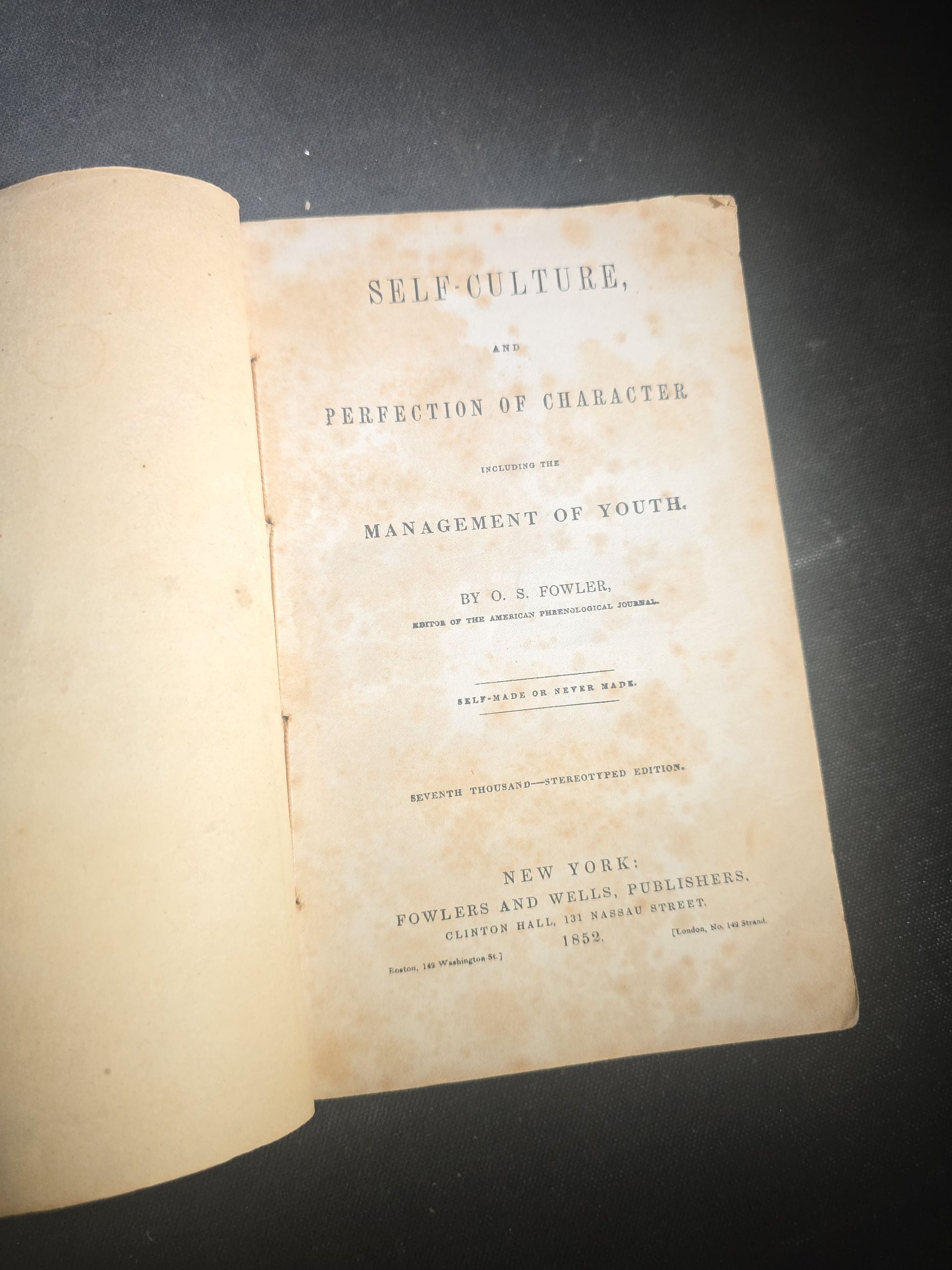 "Self-Culture, and Perfection of Character Including the Management of Youth" Antique Illustrated Phrenology Book by O. S. Fowler, Published by Fowlers and Wells, New York, 1852