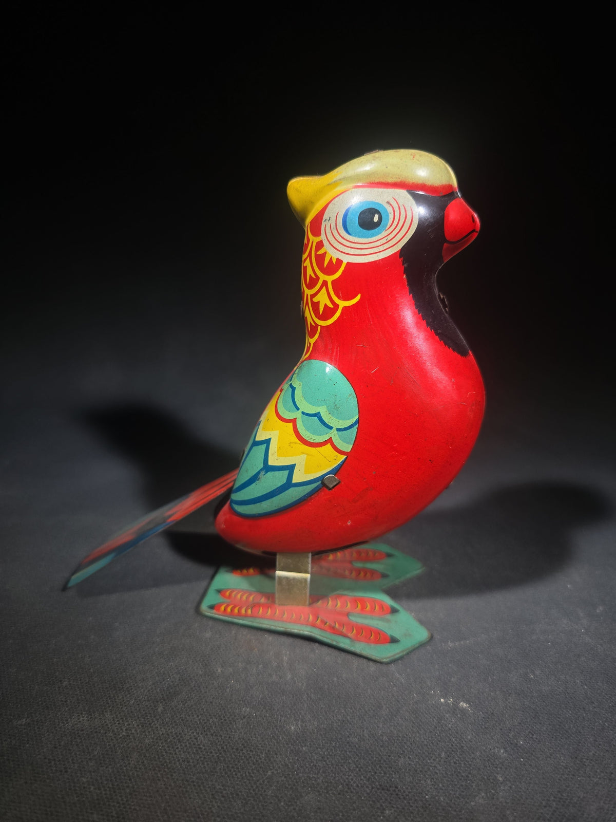 Vintage Tin Lithograph Wind-Up Parrot Toy, Missing Key