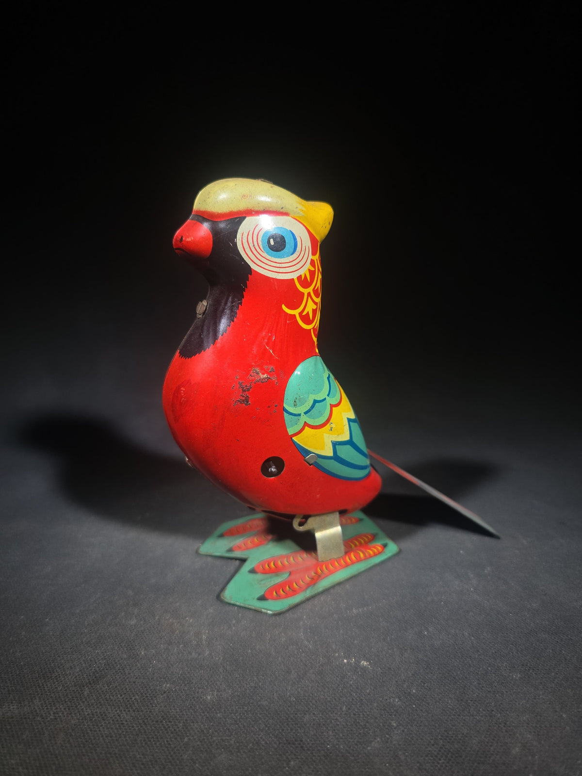 Vintage Tin Lithograph Wind-Up Parrot Toy, Missing Key