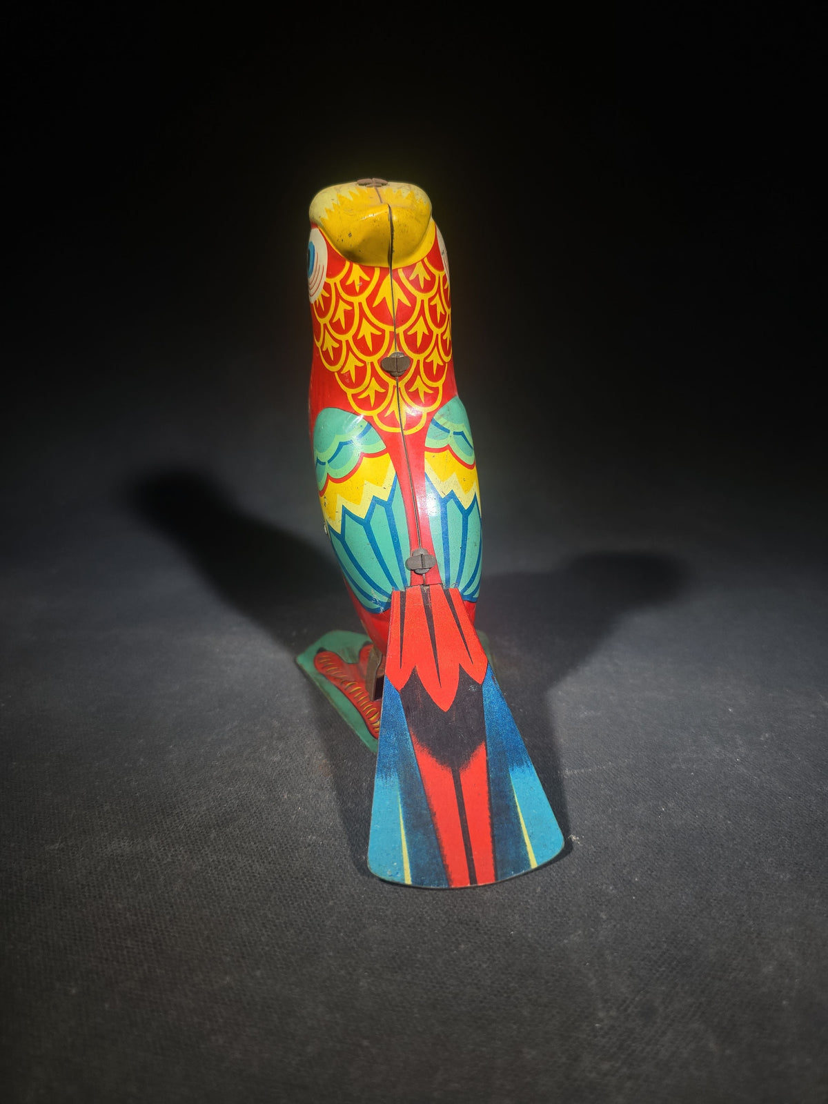 Vintage Tin Lithograph Wind-Up Parrot Toy, Missing Key