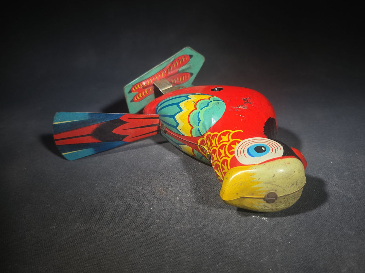 Vintage Tin Lithograph Wind-Up Parrot Toy, Missing Key