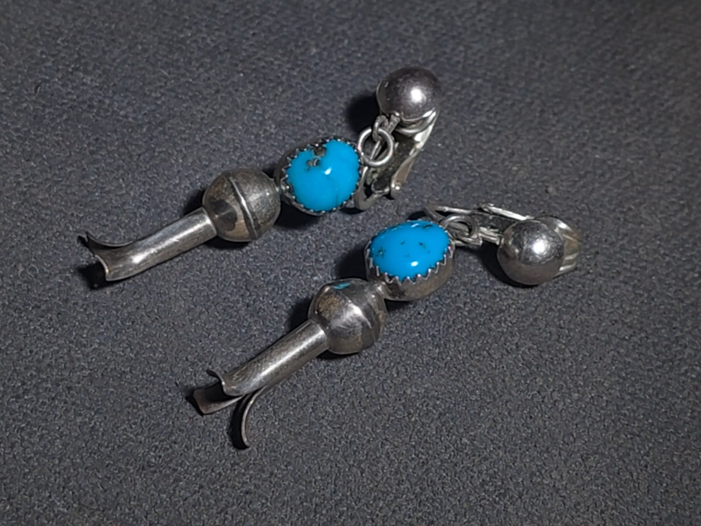 Pair of Vintage Southwestern Sterling Silver and Turquoise Squash Blossom Dangle Earrings