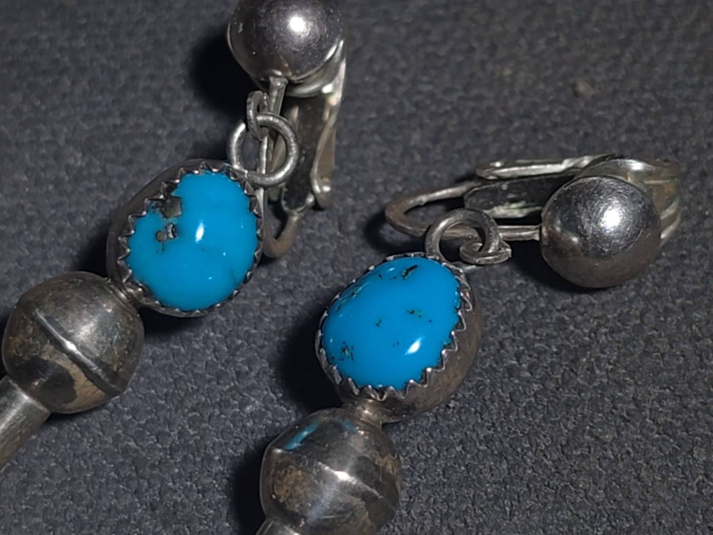 Pair of Vintage Southwestern Sterling Silver and Turquoise Squash Blossom Dangle Earrings