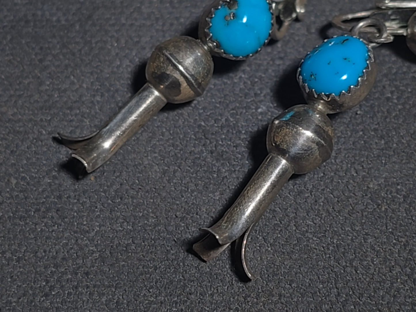 Pair of Vintage Southwestern Sterling Silver and Turquoise Squash Blossom Dangle Earrings