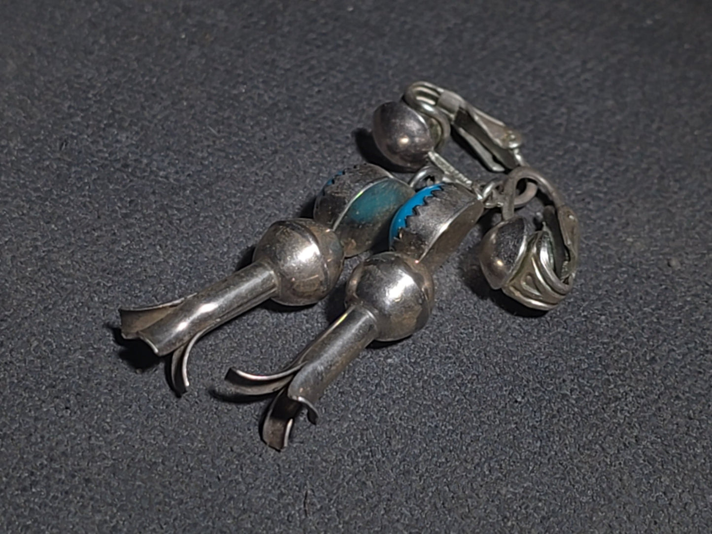 Pair of Vintage Southwestern Sterling Silver and Turquoise Squash Blossom Dangle Earrings